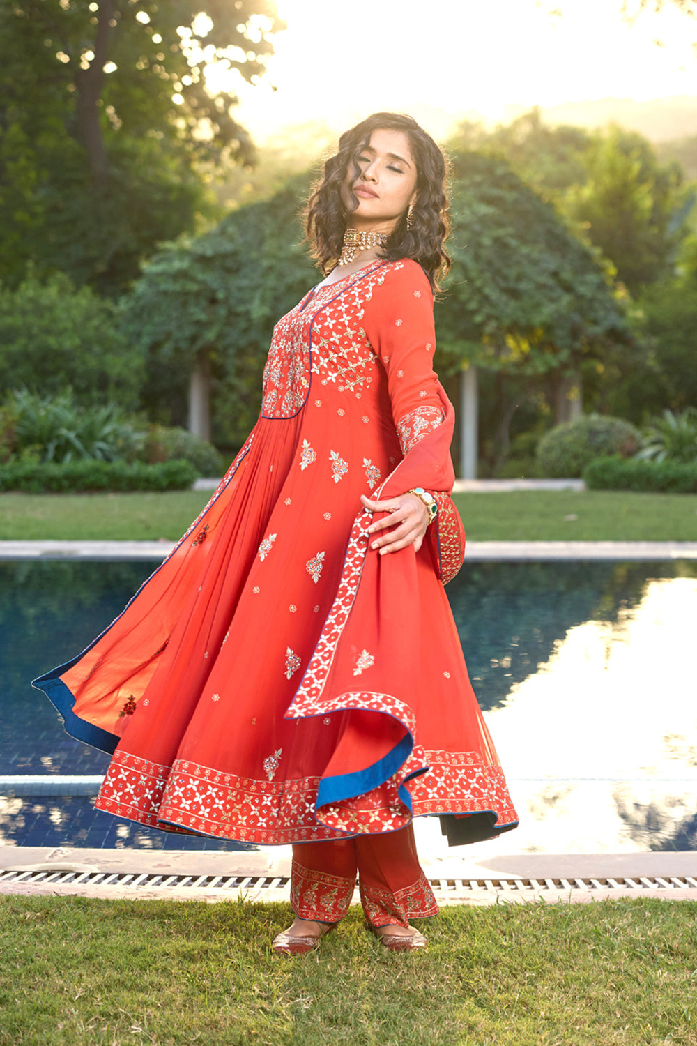 Red Georgette Kali Kurta With Gota Patti Hand Embroidery