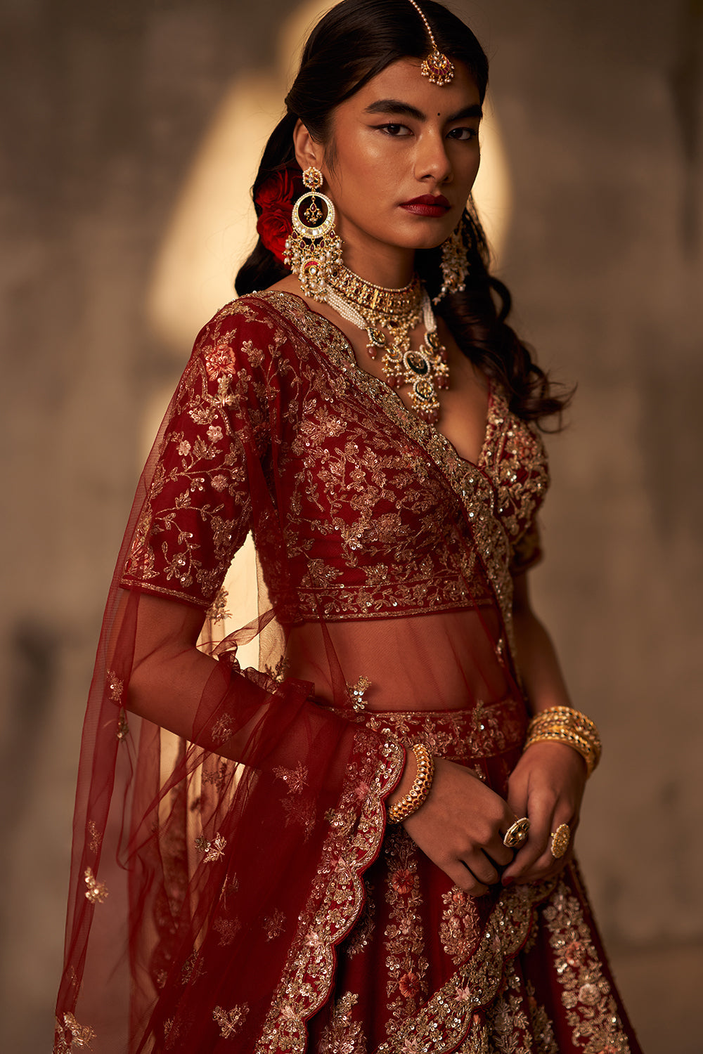 Maroon Raw Silk Double Dupatta Lehenga Set