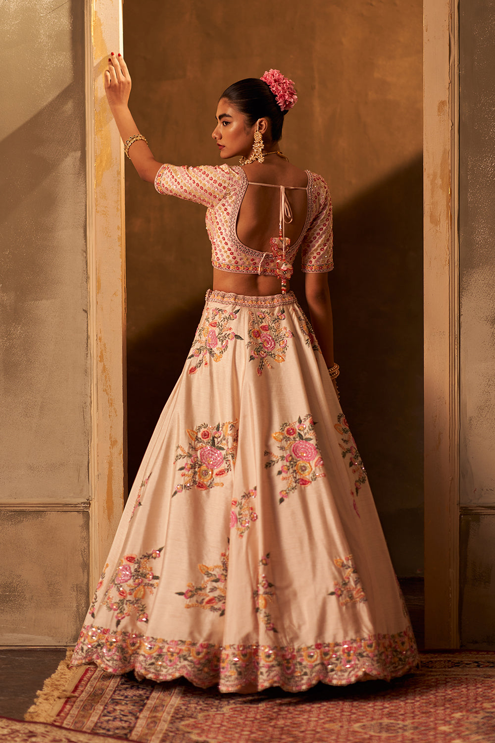 Pink Raw Silk Double Dupatta Lehenga Set