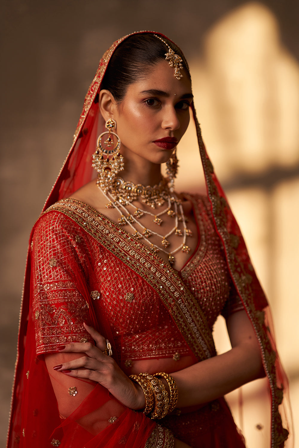 Red Raw Silk Double Dupatta Lehenga Set
