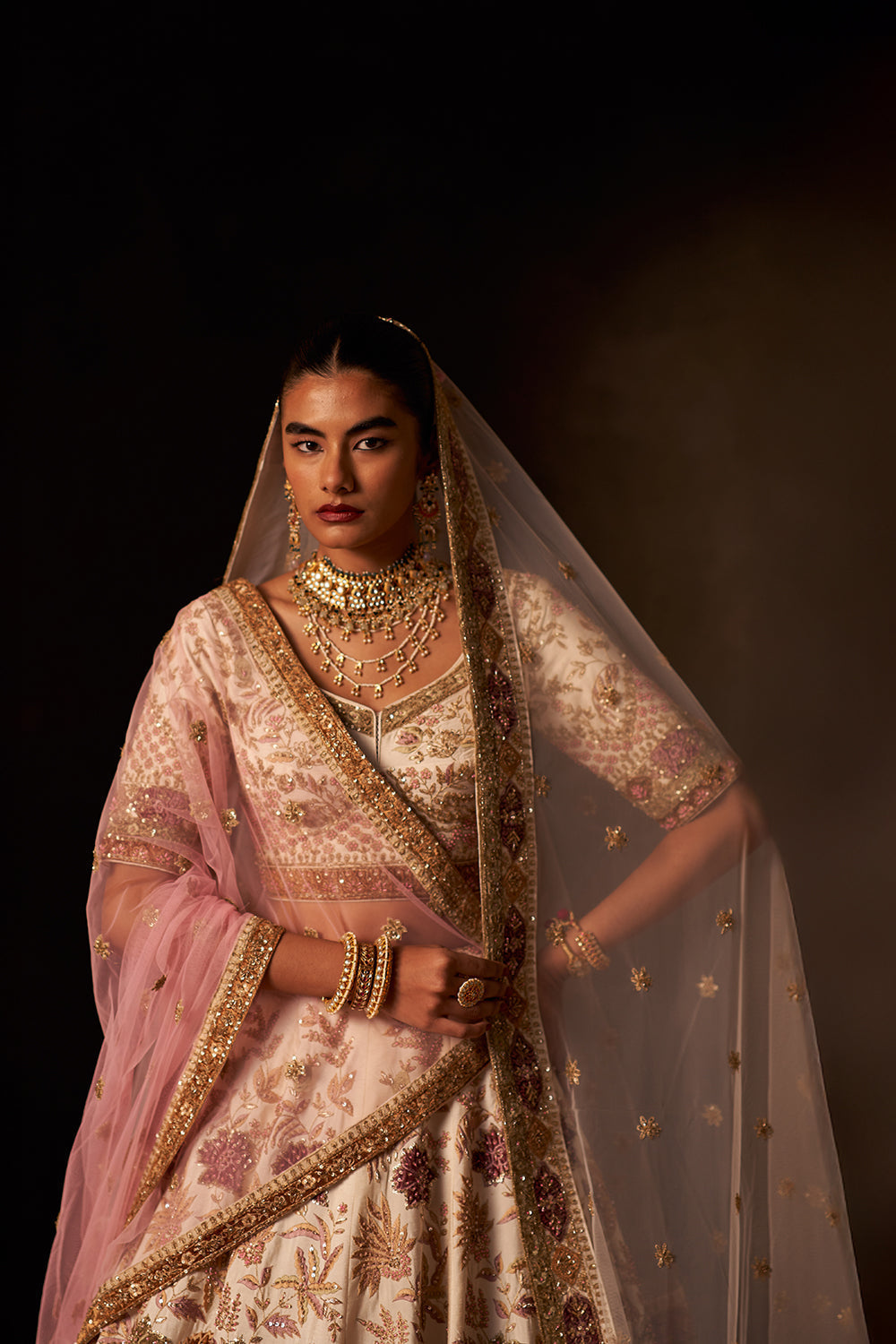 Ivory Raw Silk Double Dupatta Lehenga Set