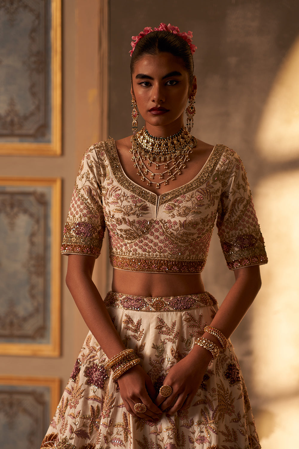 Ivory Raw Silk Double Dupatta Lehenga Set