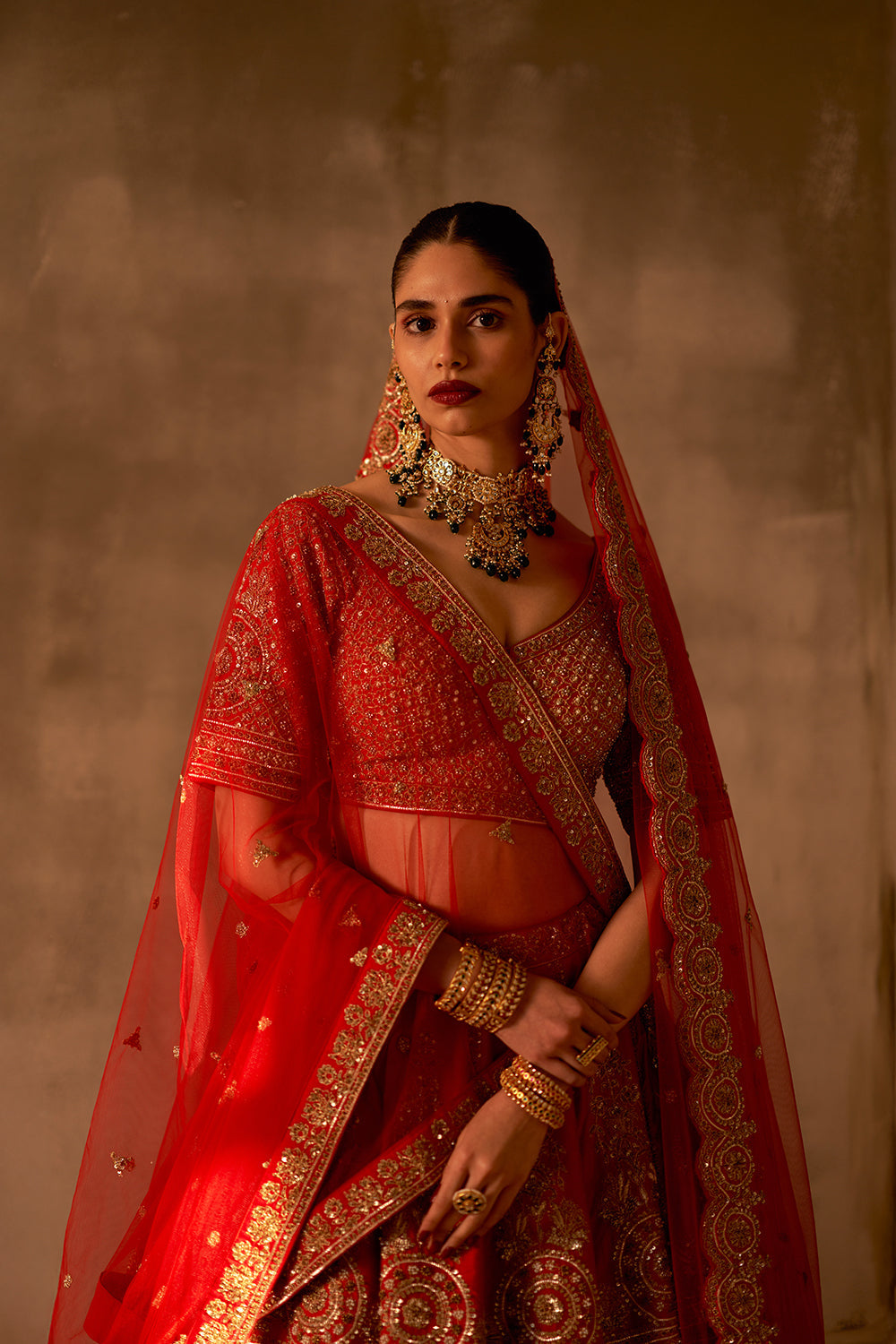 Red Raw Silk Double Dupatta Lehenga Set