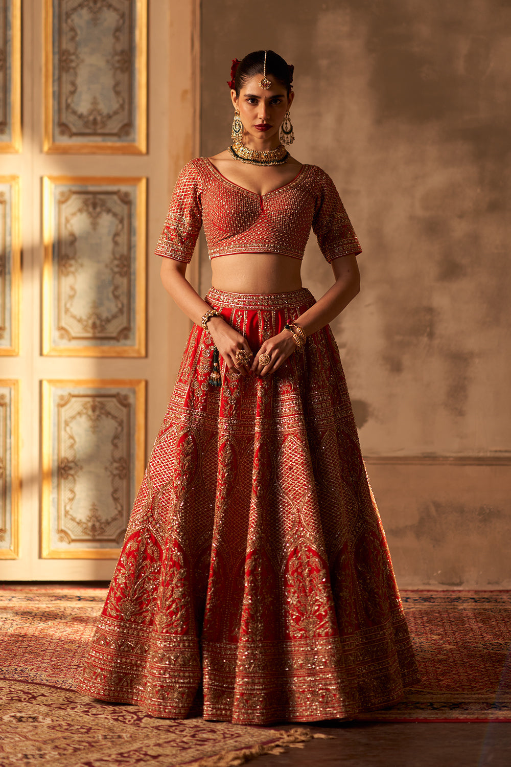 Red Raw Silk Double Dupatta Lehenga Set