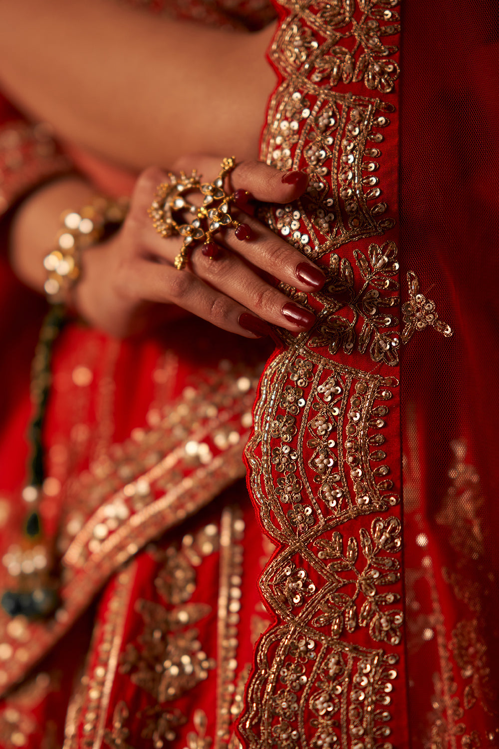 Red Raw Silk Double Dupatta Lehenga Set