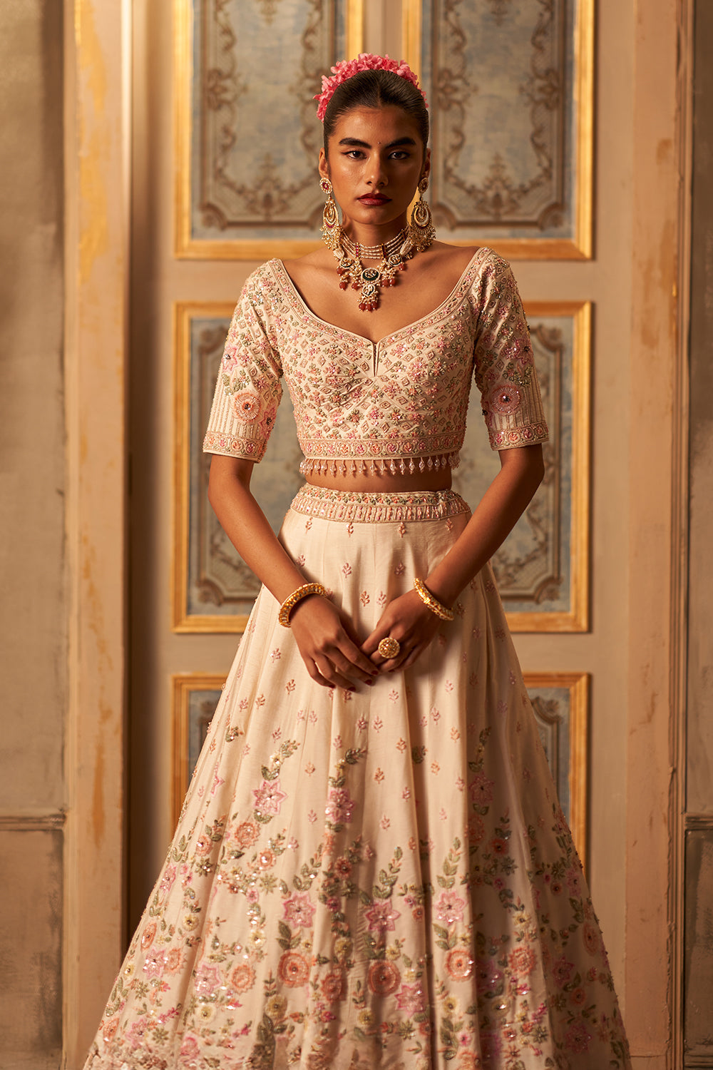 Ivory Raw Silk Double Dupatta Lehenga Set