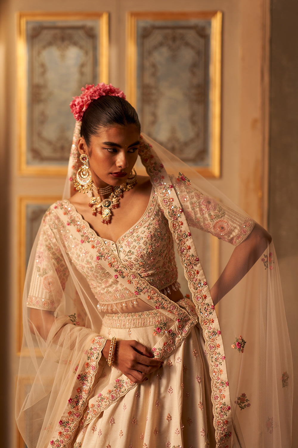 Ivory Raw Silk Double Dupatta Lehenga Set