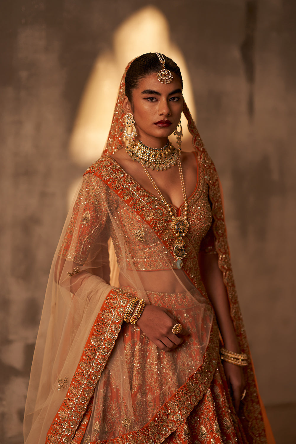 Rust Raw Silk Double Dupatta Lehenga Set