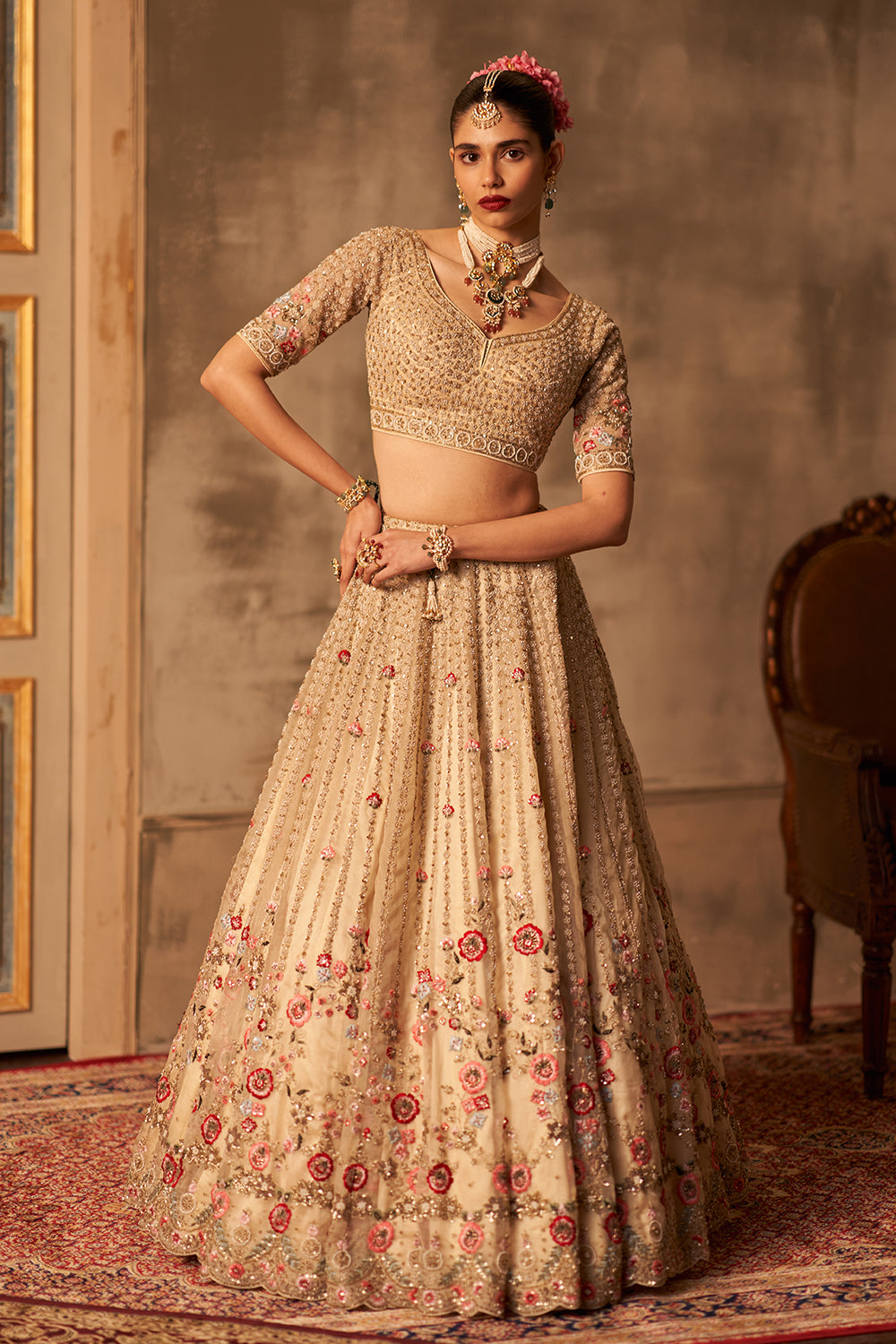 Ivory Organza Double Dupatta Lehenga Set