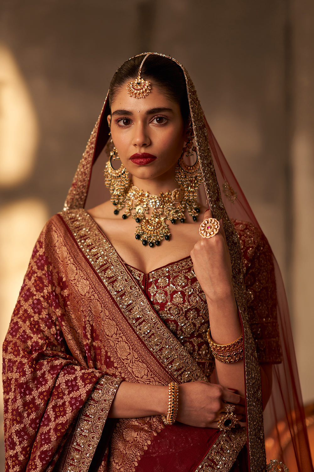 Maroon Raw Silk Double Dupatta Lehenga Set