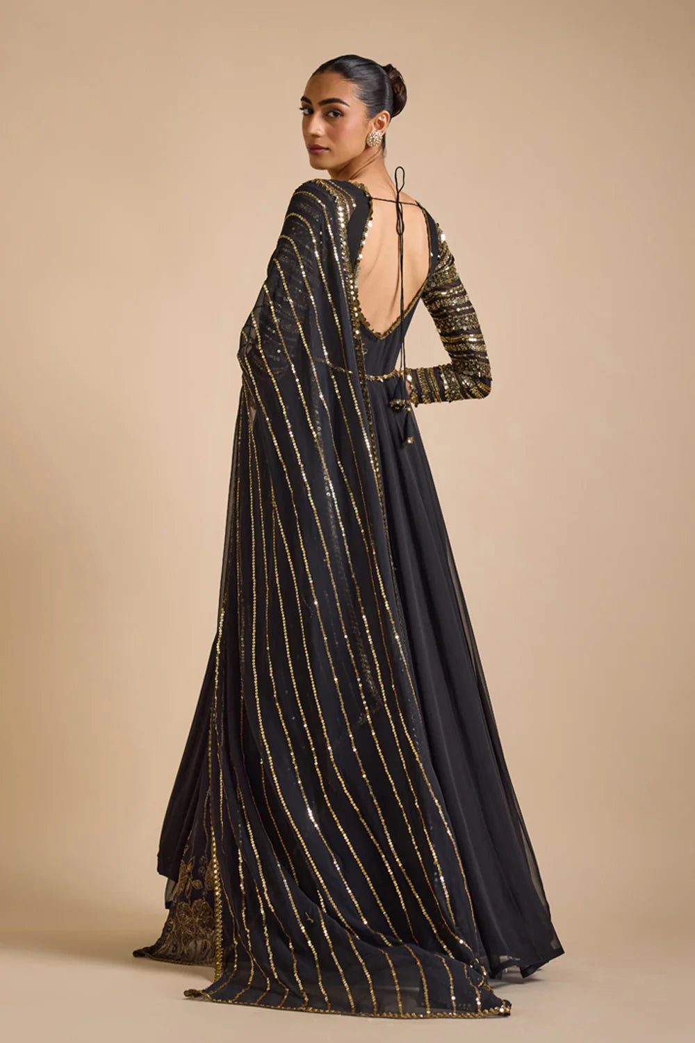 Black Embellished Sleeves Anarkali Set