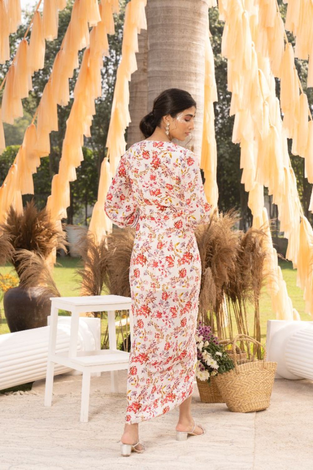 Off White Printed Draped Dress