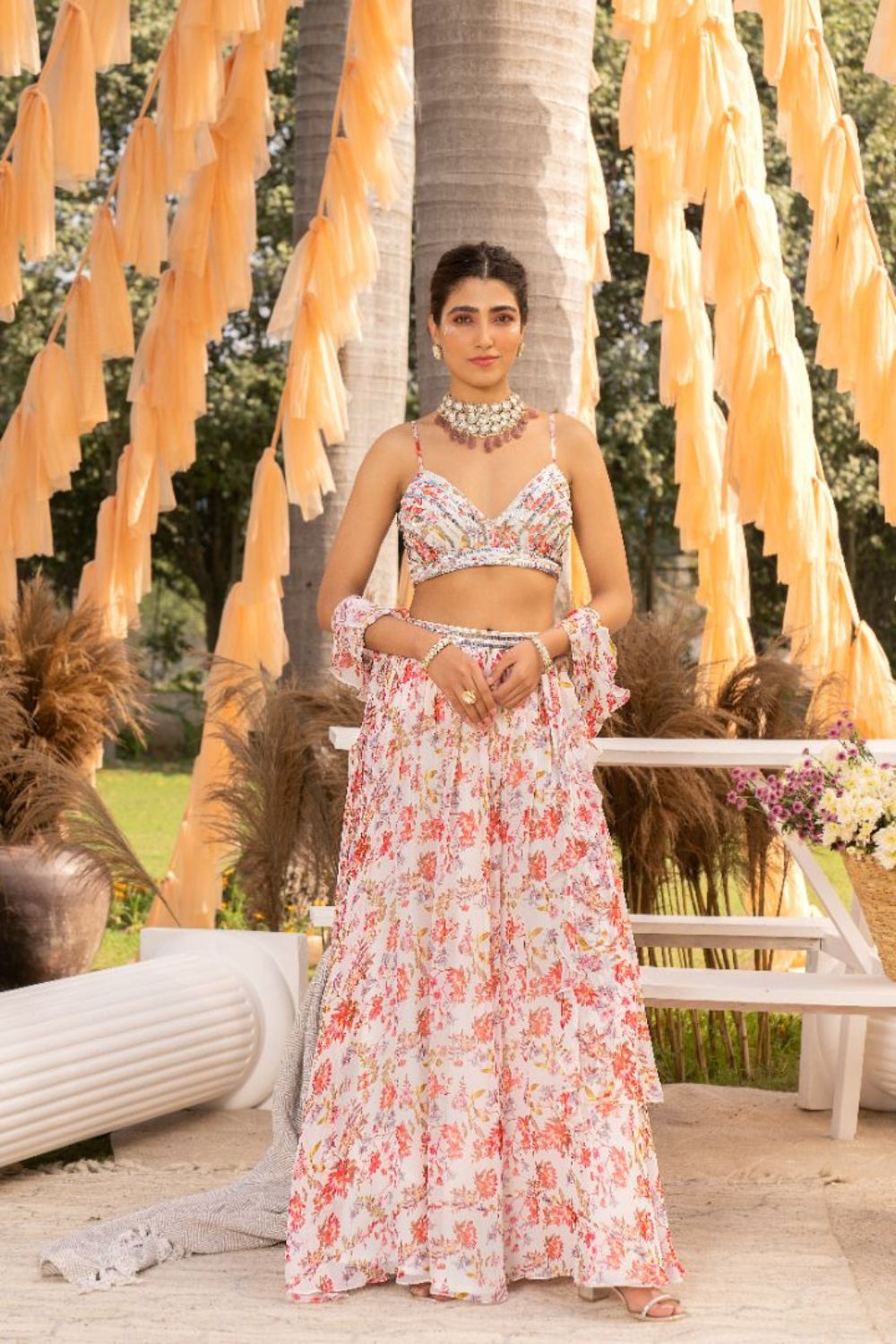 Off White Printed Lehenga Set