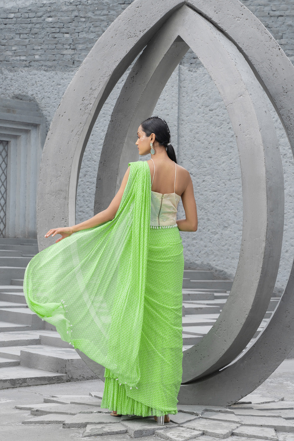 Lime Green Printed Pre-Stitched Saree And Blouse