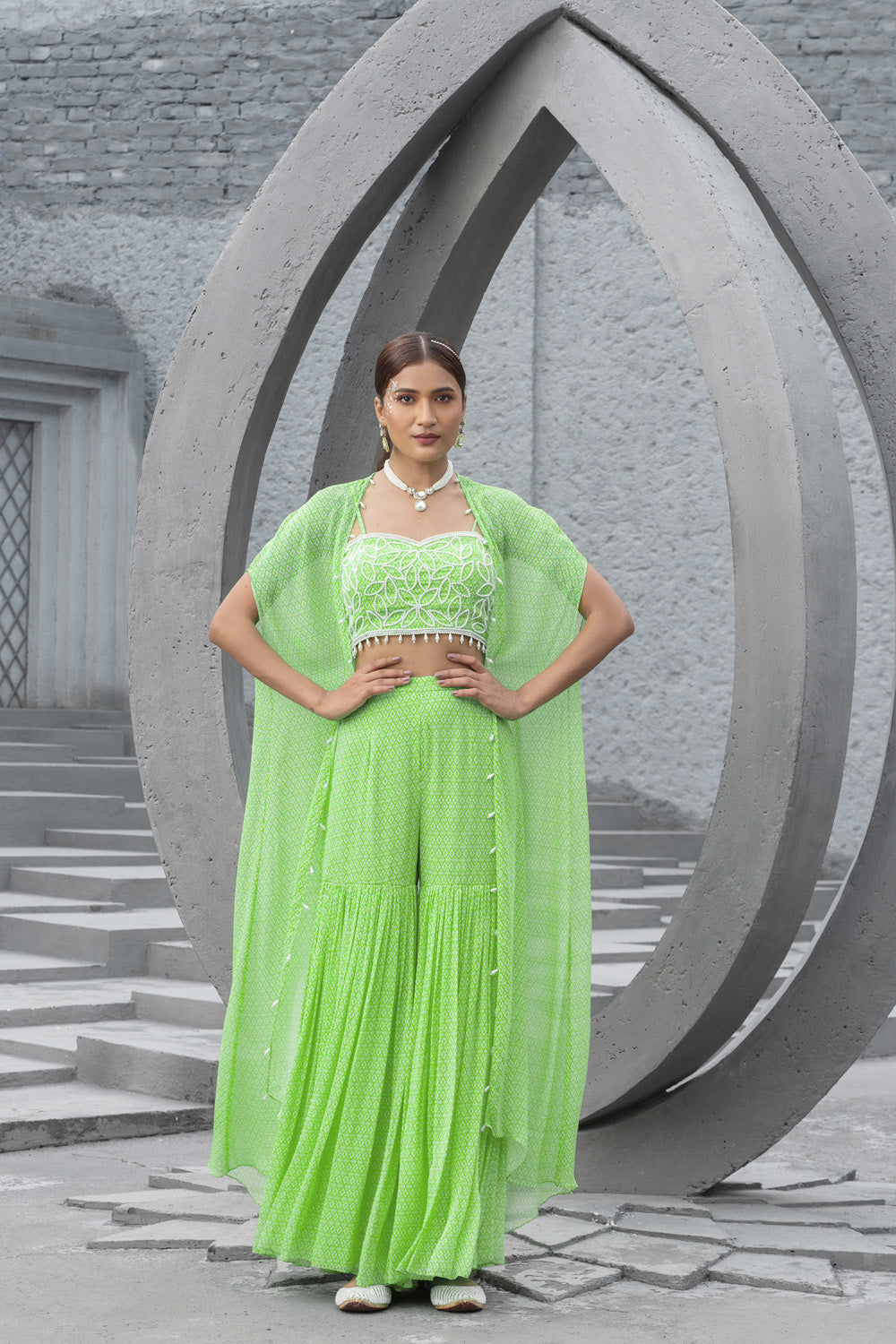 Lime Green Printed Sharara With Cape And Inner