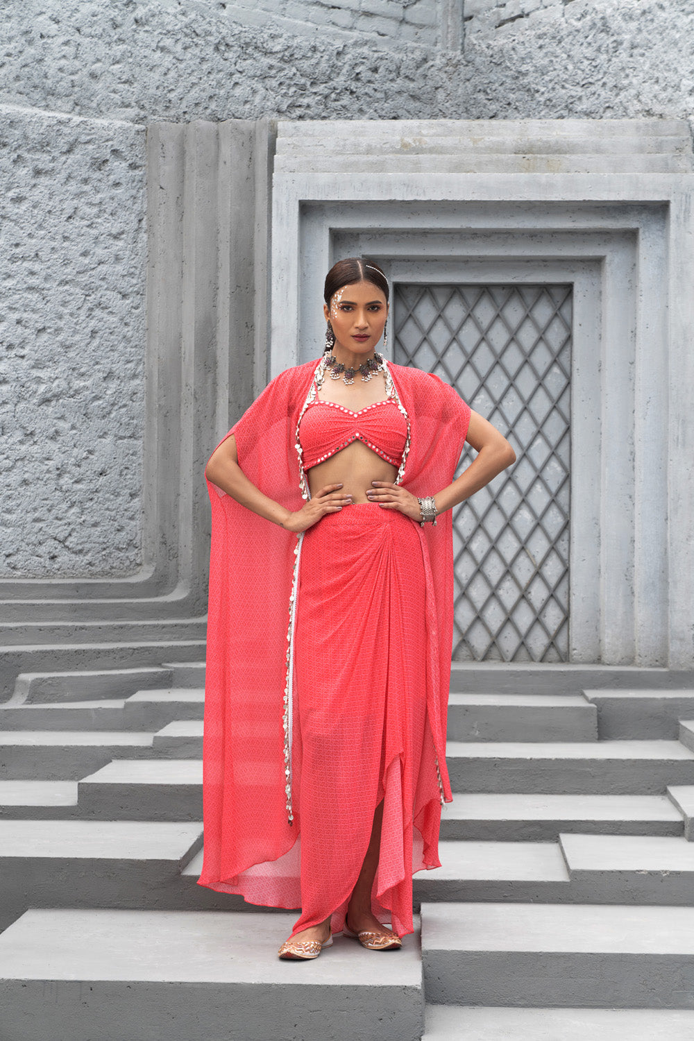 Raspberry Printed Skirt With Cape And Inner