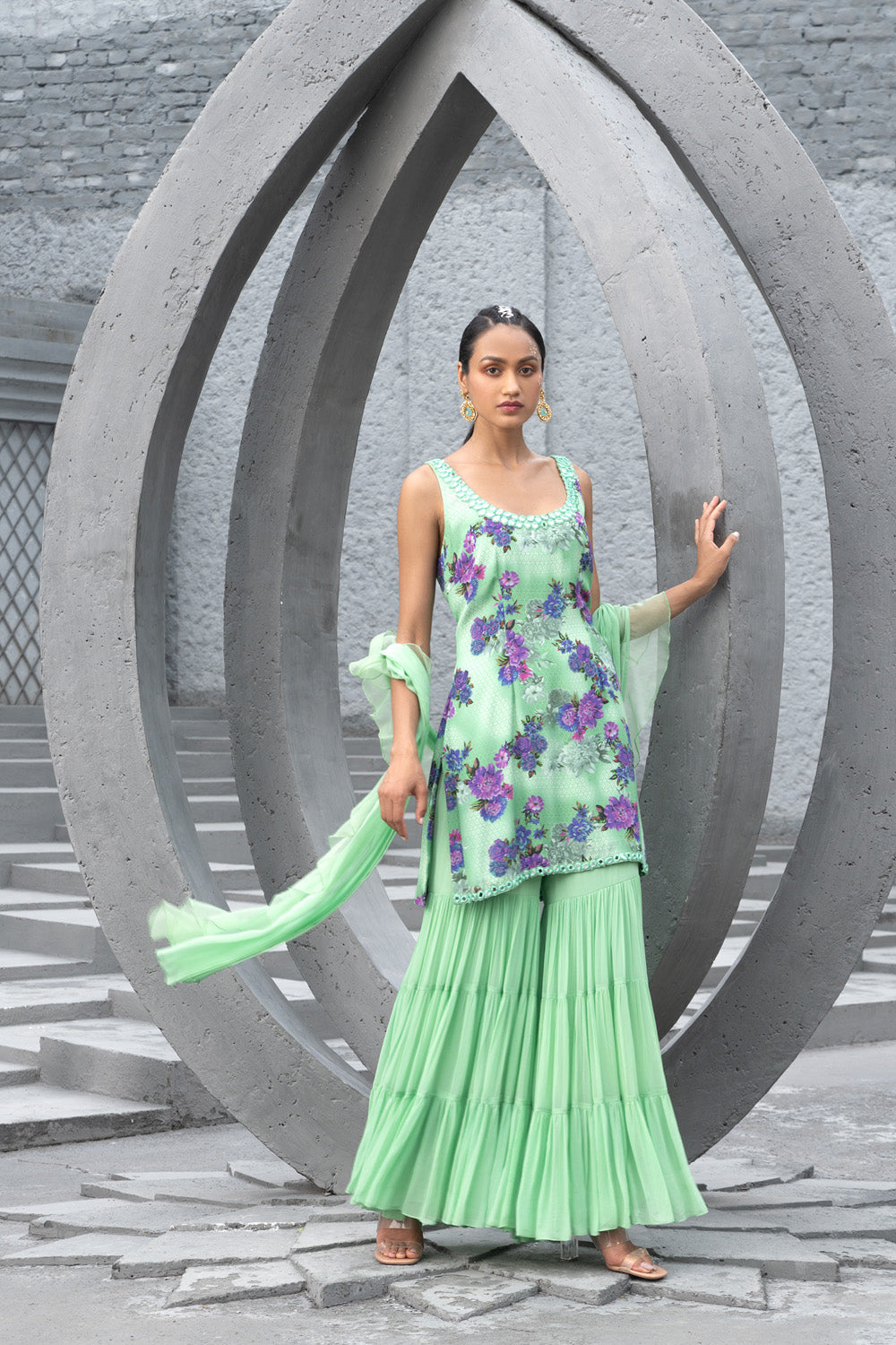 Sea Green Printed Kurta With Sharara