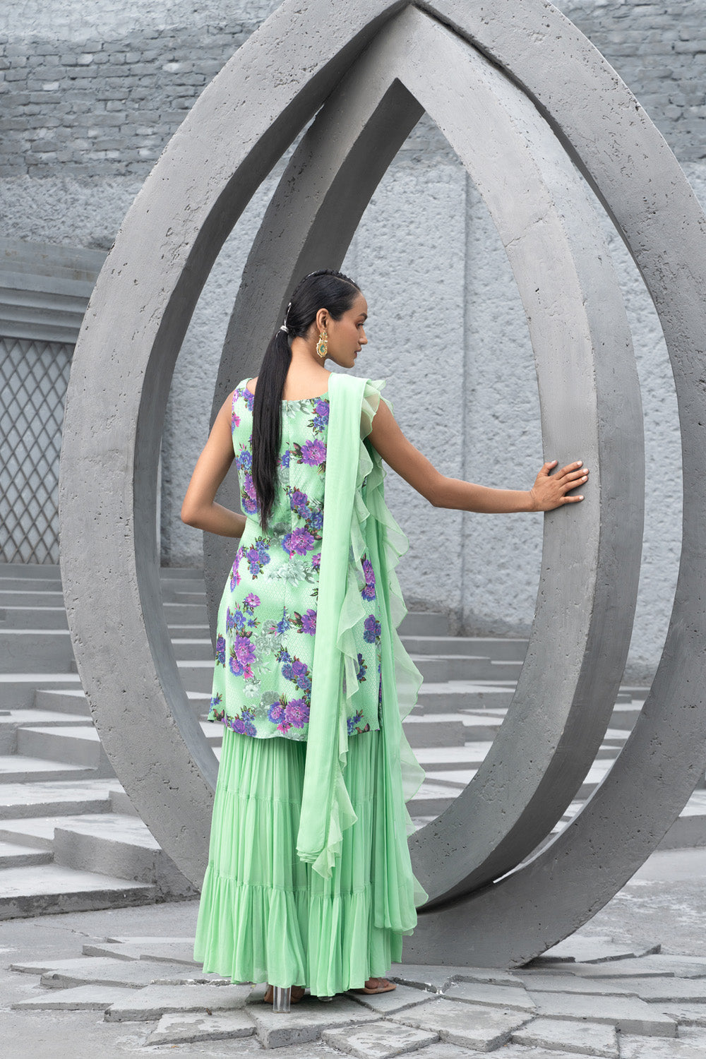 Sea Green Printed Kurta With Sharara