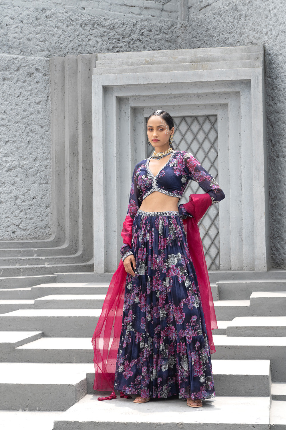 Navy Blue Printed Lehenga Set
