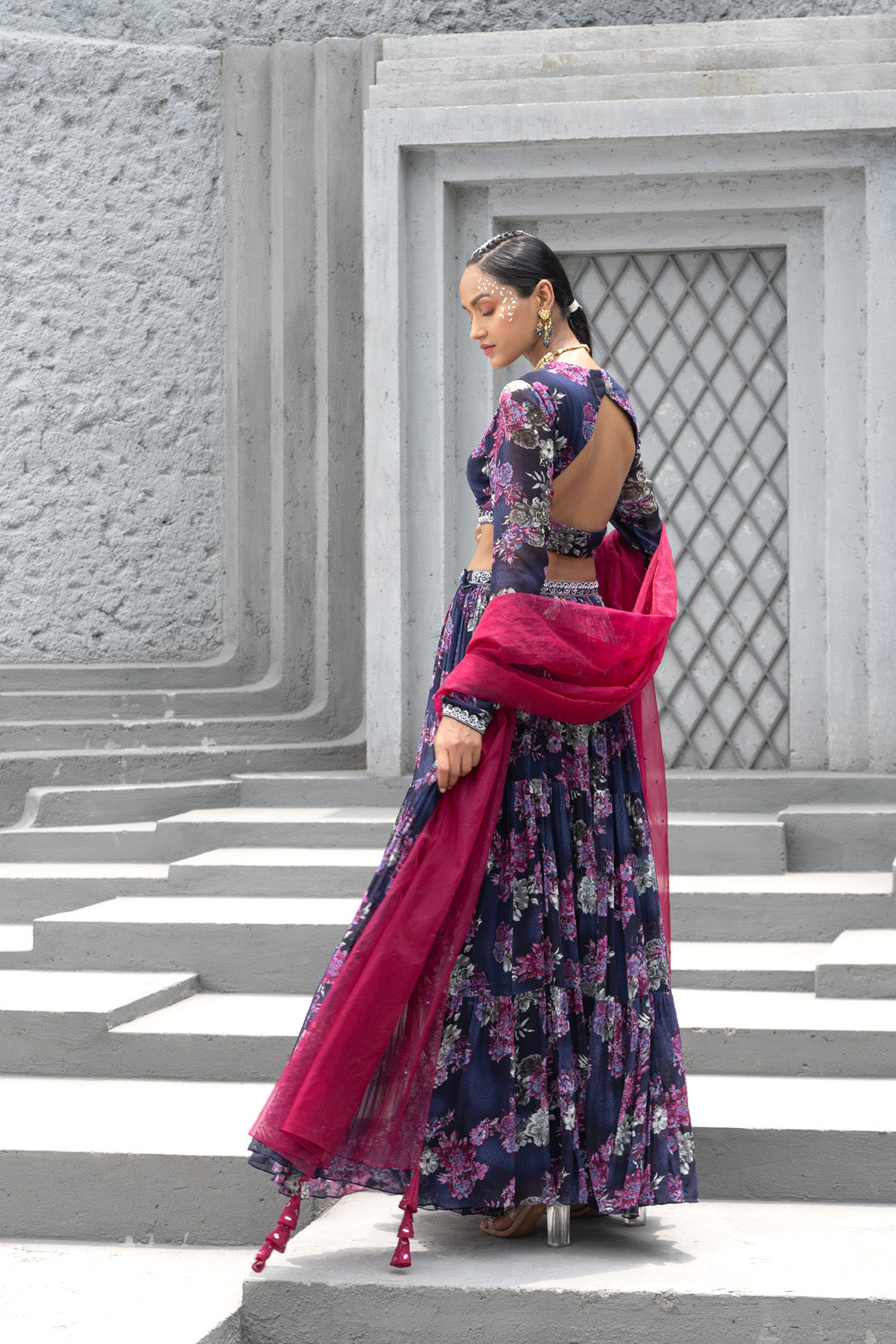 Navy Blue Printed Lehenga Set