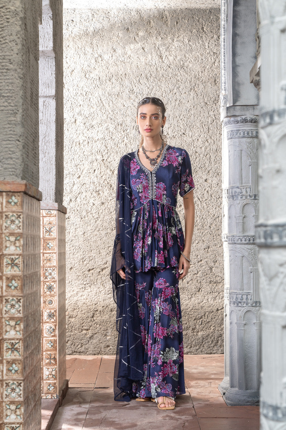 Navy Blue Printed Sharara Set