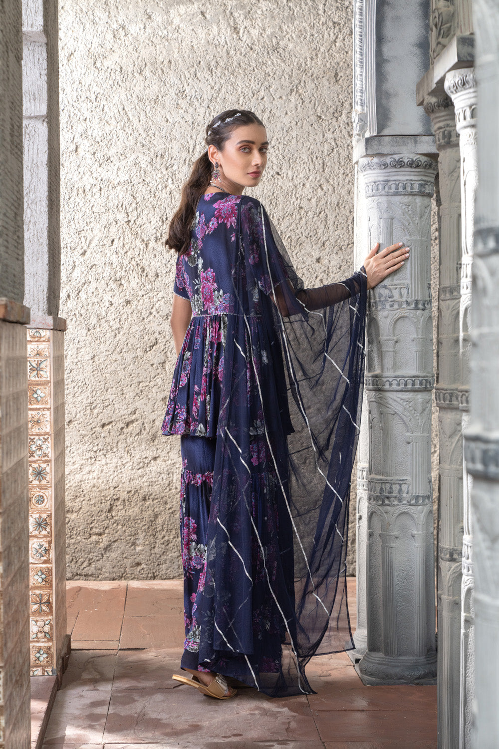 Navy Blue Printed Sharara Set
