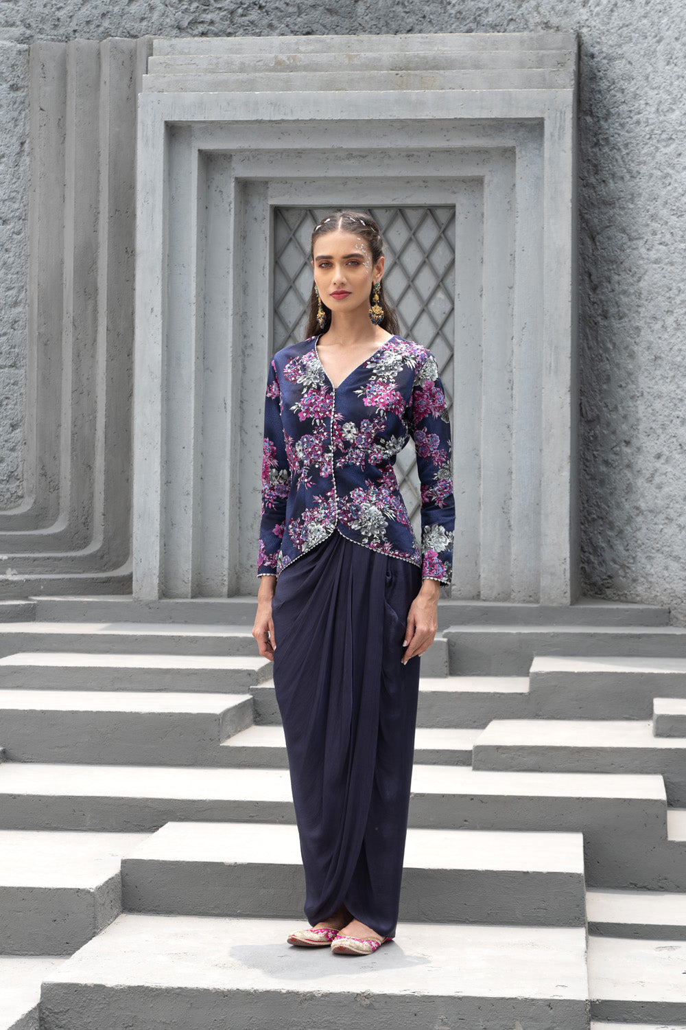Navy Blue Printed Jacket And Draped Skirt