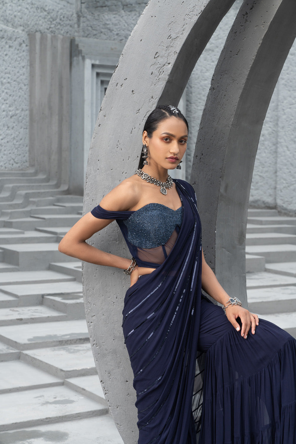 Navy Blue Sharara Saree With Corset
