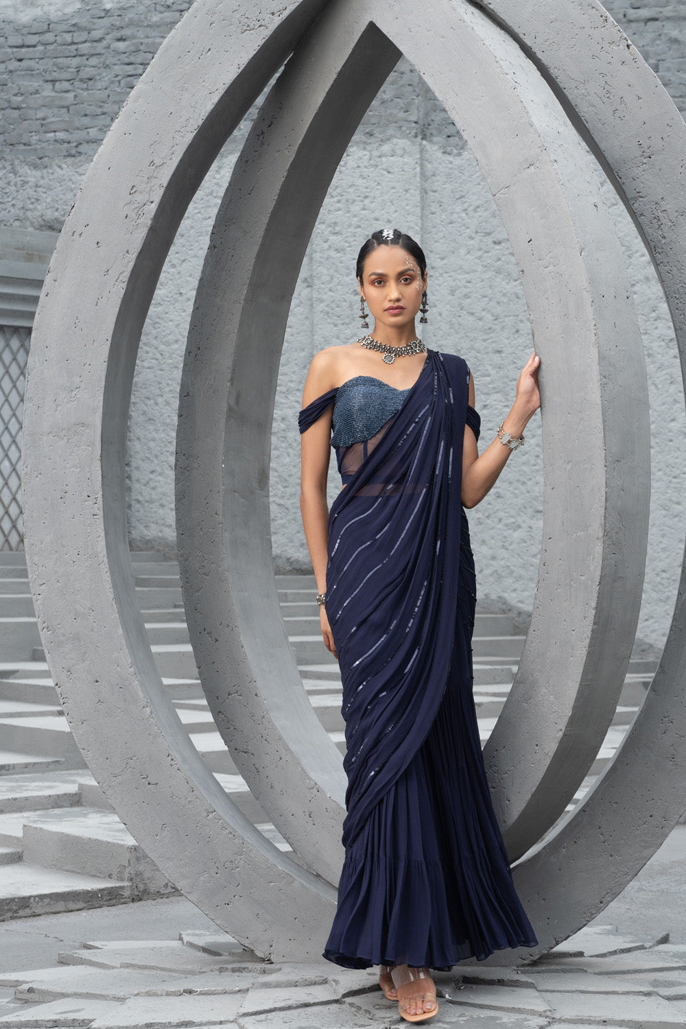 Navy Blue Sharara Saree With Corset
