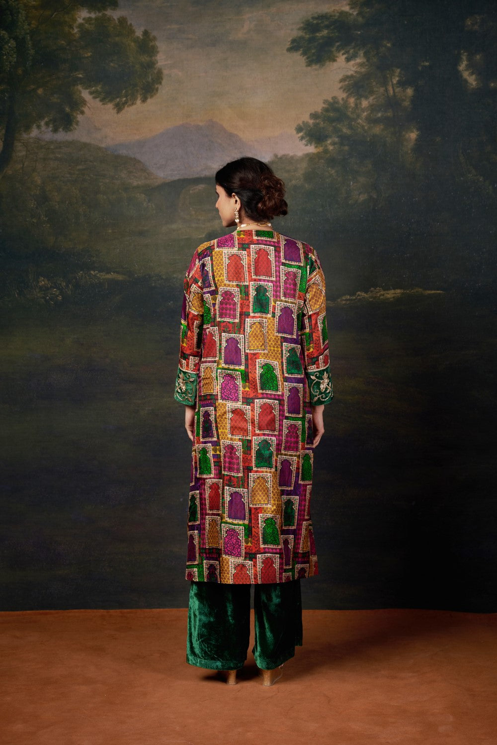 Hand-Embroidered Jharoka Print Green  Kurta Set