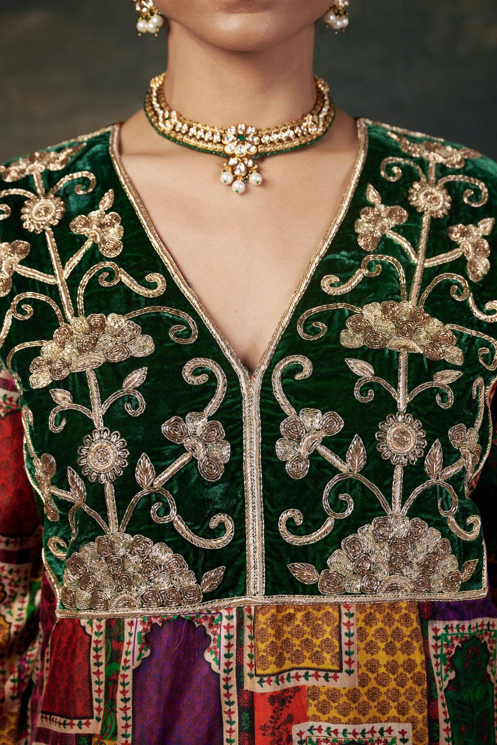 Hand-Embroidered Jharoka Print Green  Kurta Set