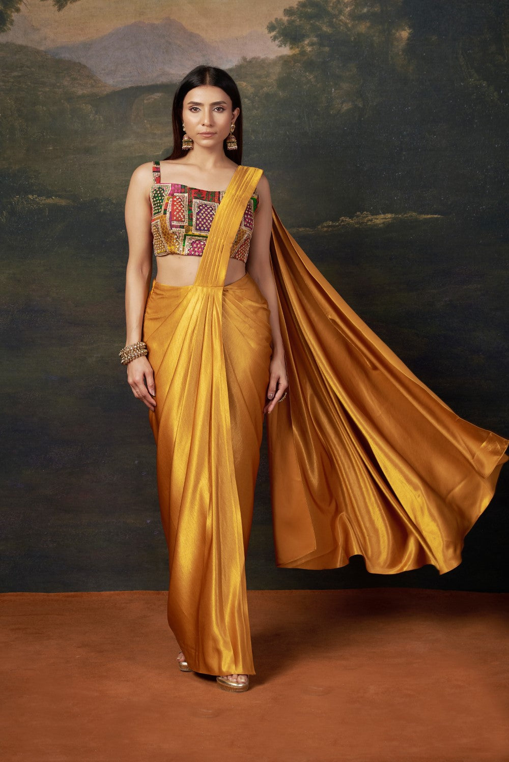 Hand-Embroidered Pre-Draped liquid gold Saree