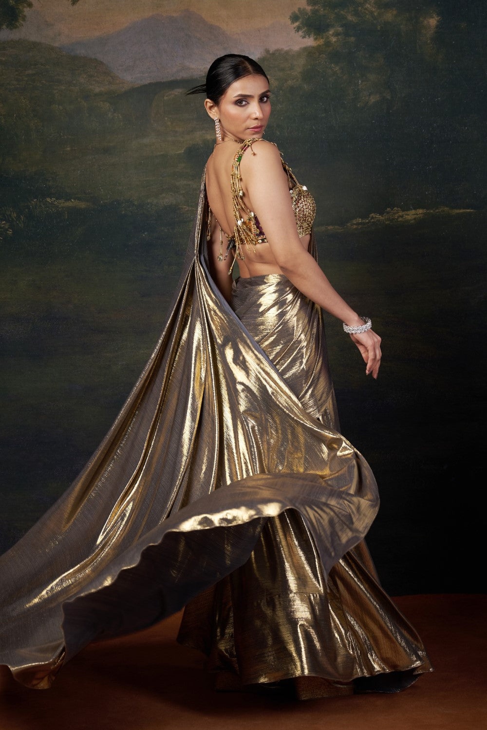 Heavy Hand-Embroidered Blouse with Pre-Draped Gold Saree