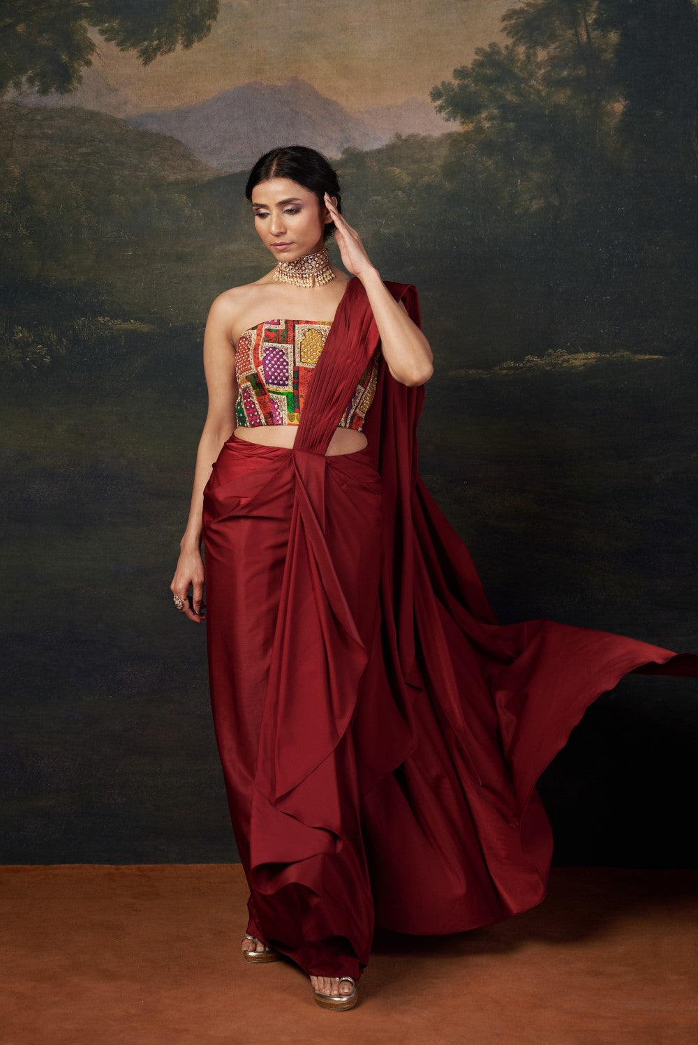 Stylish Strapless Hand-Embroidered Blouse with Pre-Draped Saree