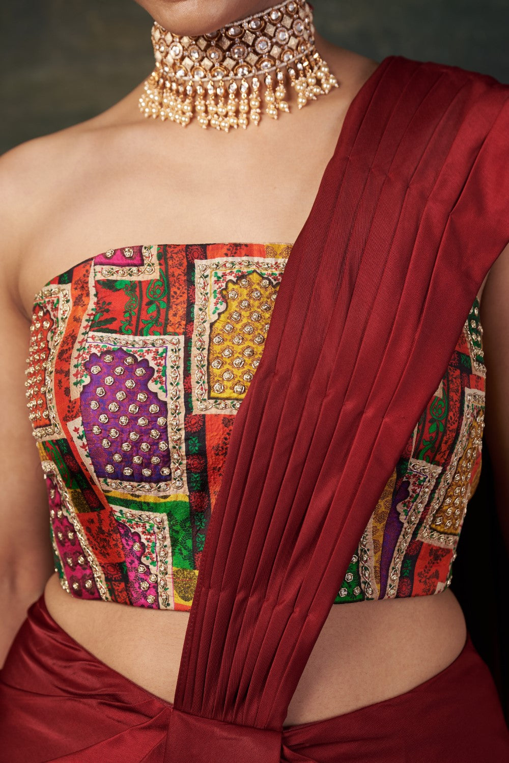 Stylish Strapless Hand-Embroidered Blouse with Pre-Draped Saree