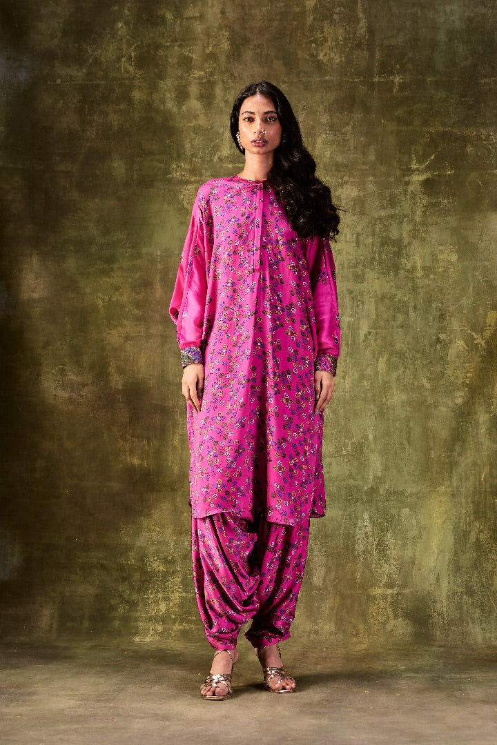 Pink Printed Loose Dress Paired With Cowl Pants