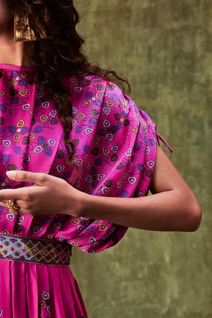 Pink Printed Waist belt Dress