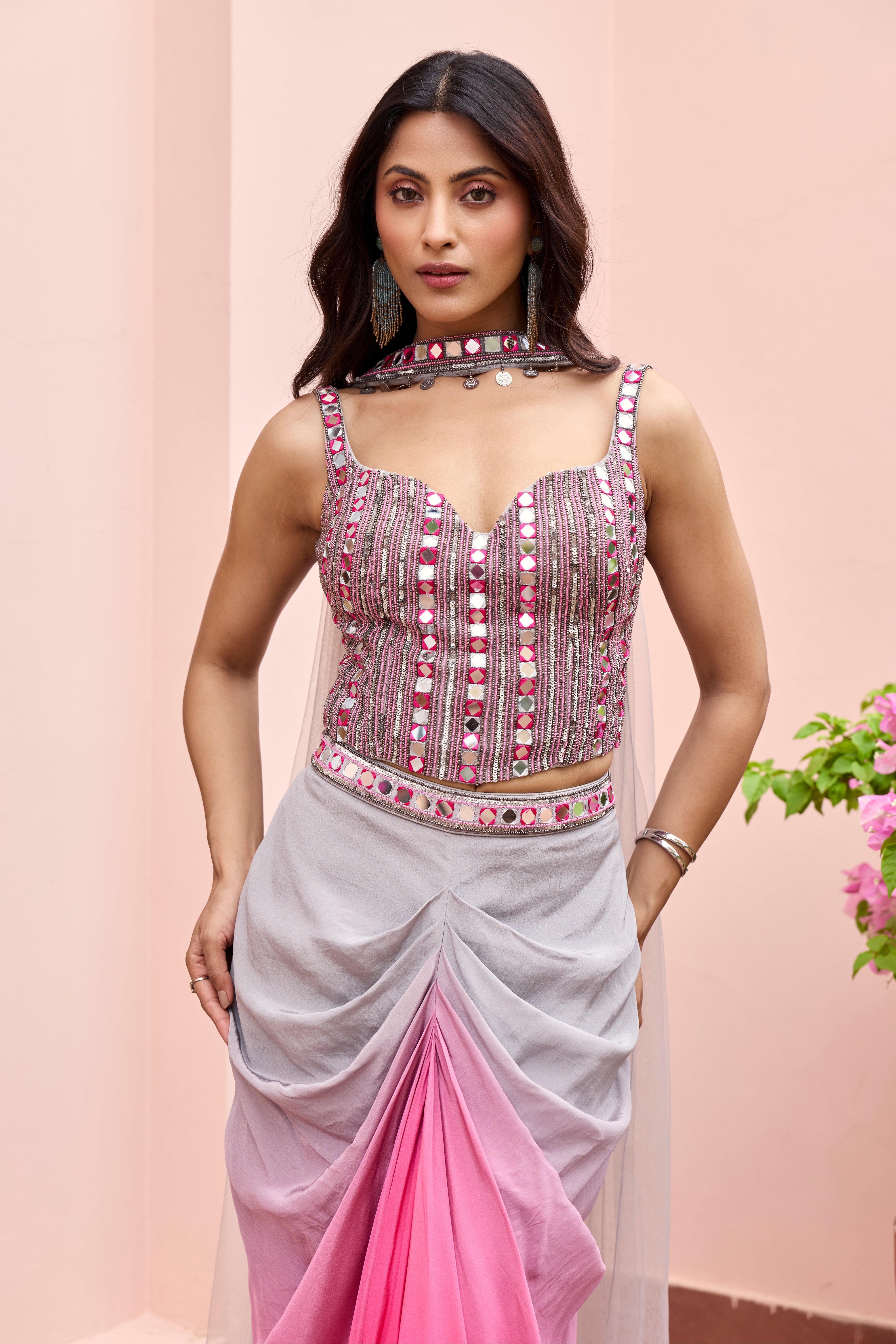 PINK-GREY OMBRE DHOTI SKIRT SET