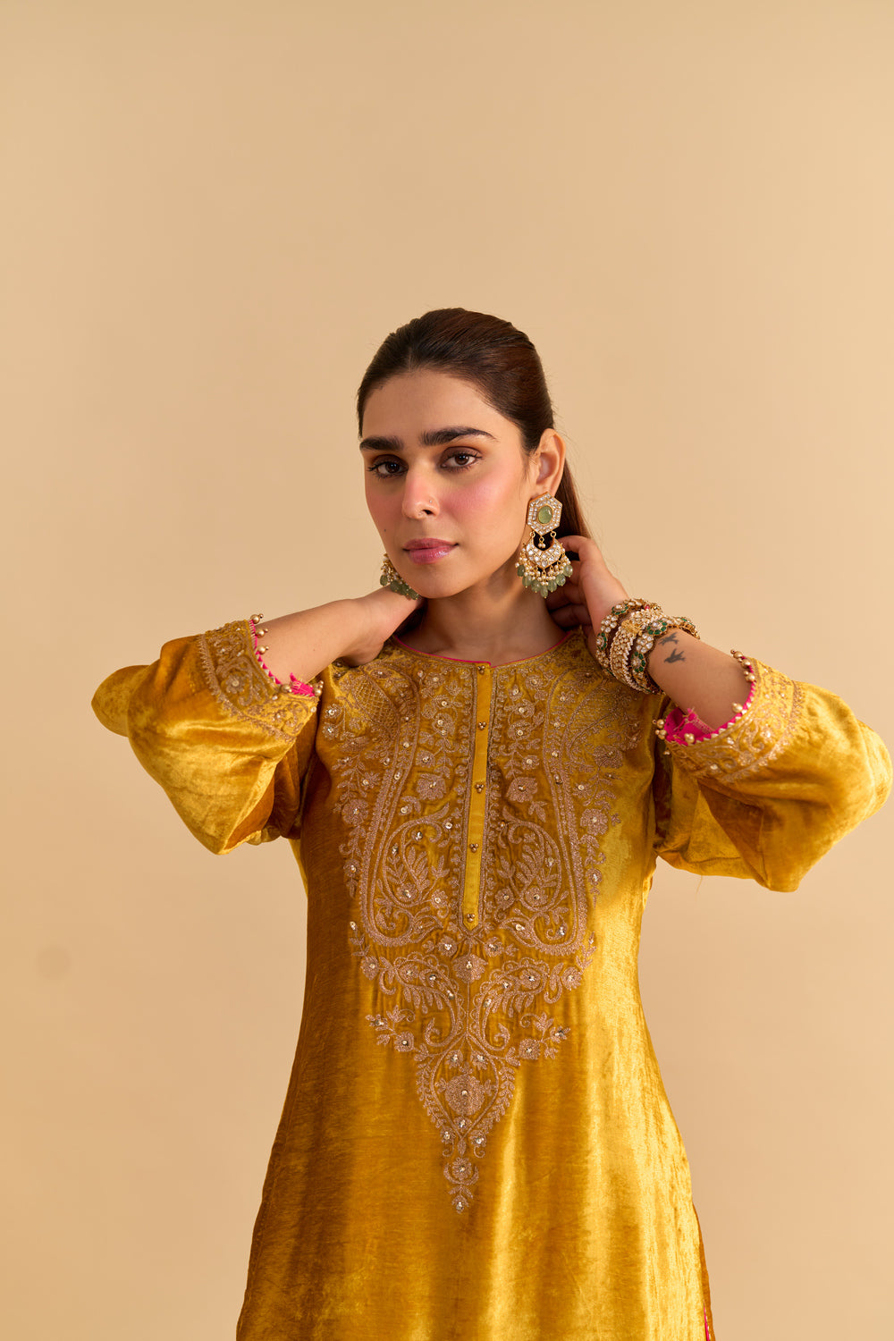 Aroob - Mustard Kurta with Sharara and Dupatta