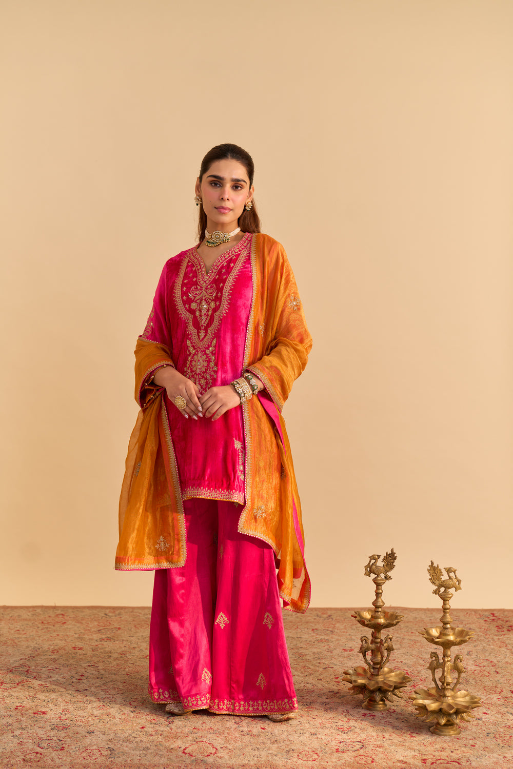 Nooren - Hotpink Kurta with Flared Palazzo and Dupatta