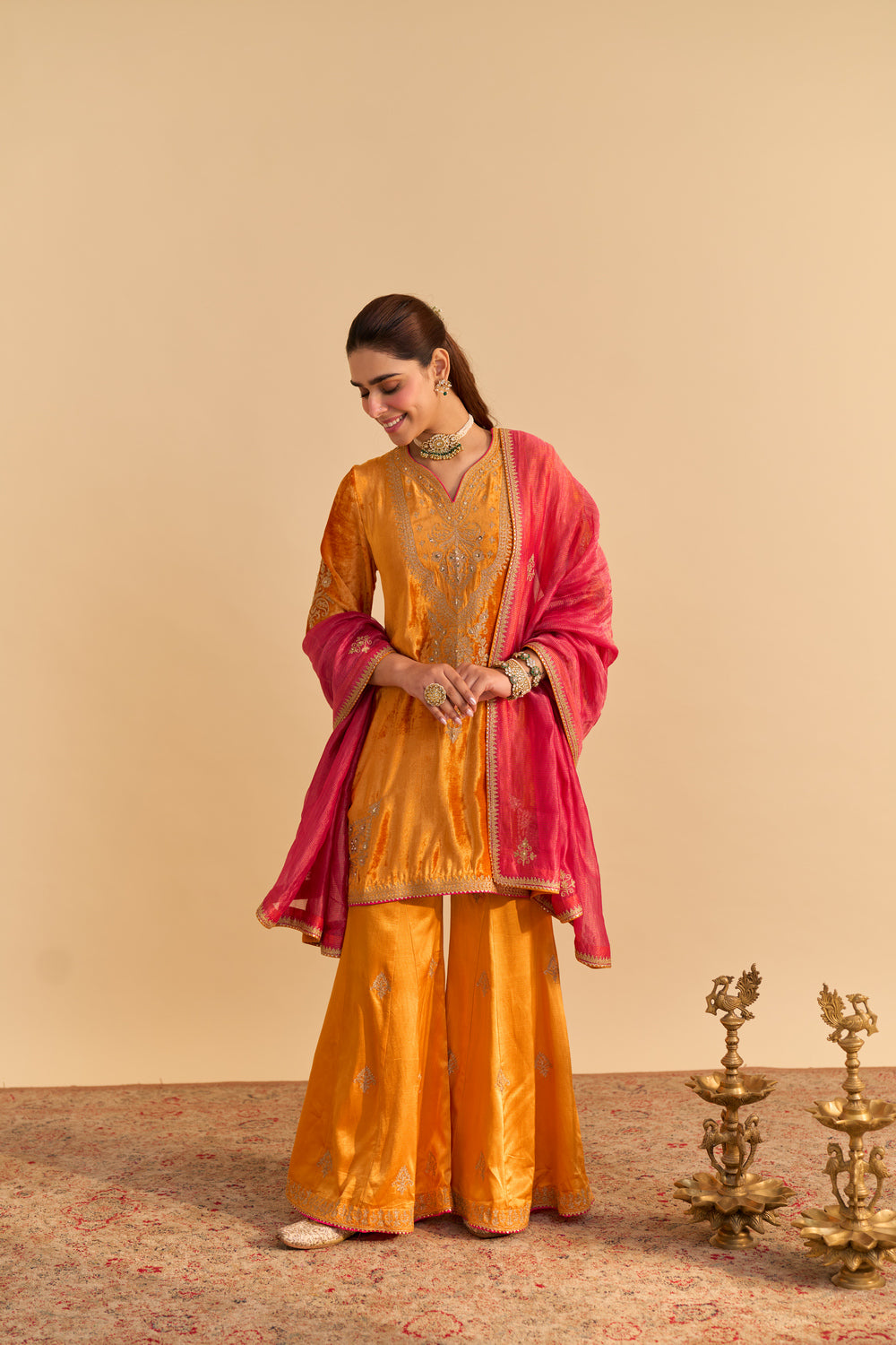 Nooren - Orange Kurta with Flared Palazzo and Dupatta