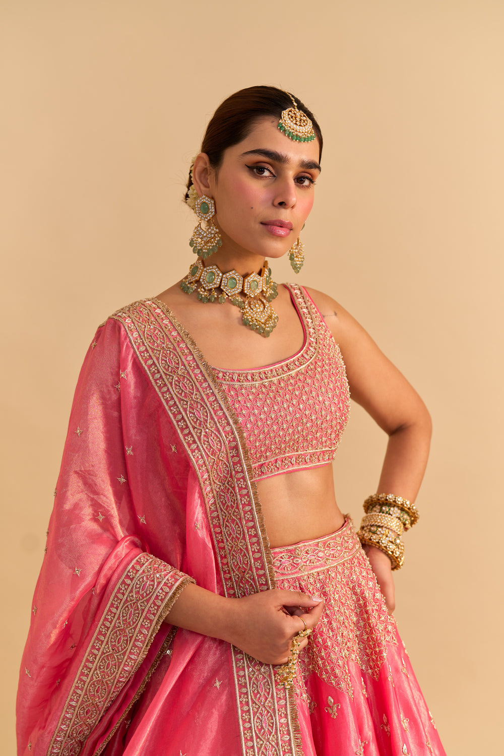 Aashina  - Dabka Zardozi Embroidered Pure Tissue Carrot Pink Lehenga Set