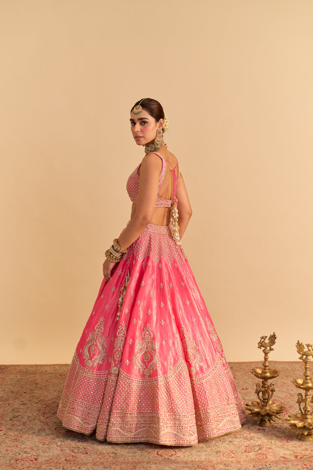 Aashina  - Dabka Zardozi Embroidered Pure Tissue Carrot Pink Lehenga Set