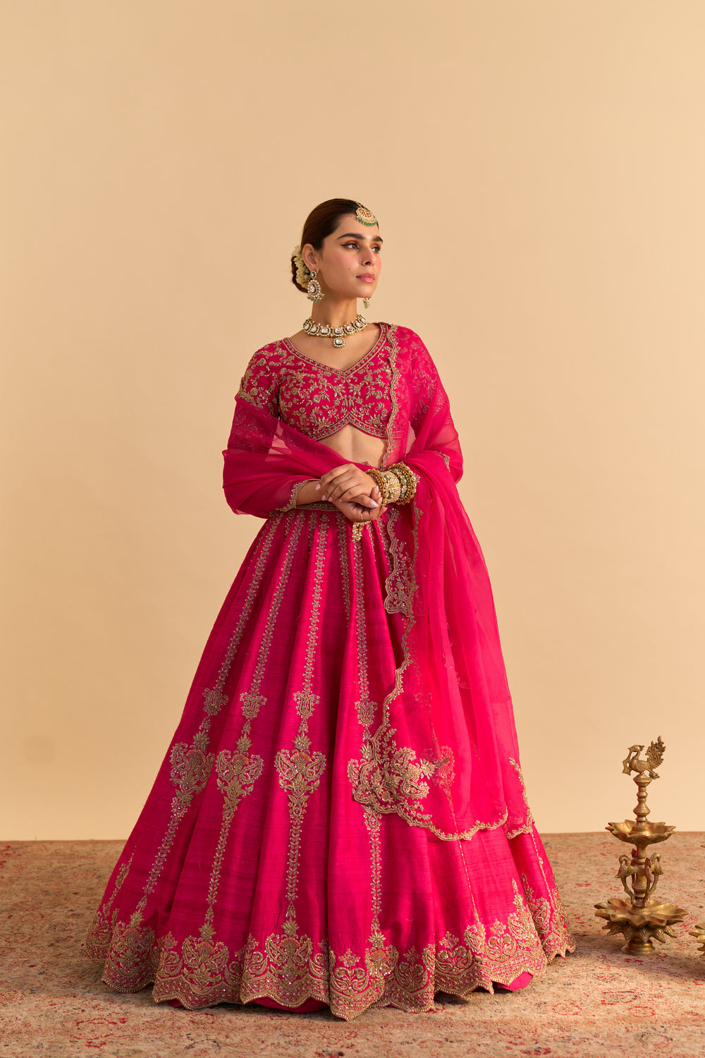 Naazila - Dabka Zardozi Embroidered Raw Silk Hotpink Lehenga Set