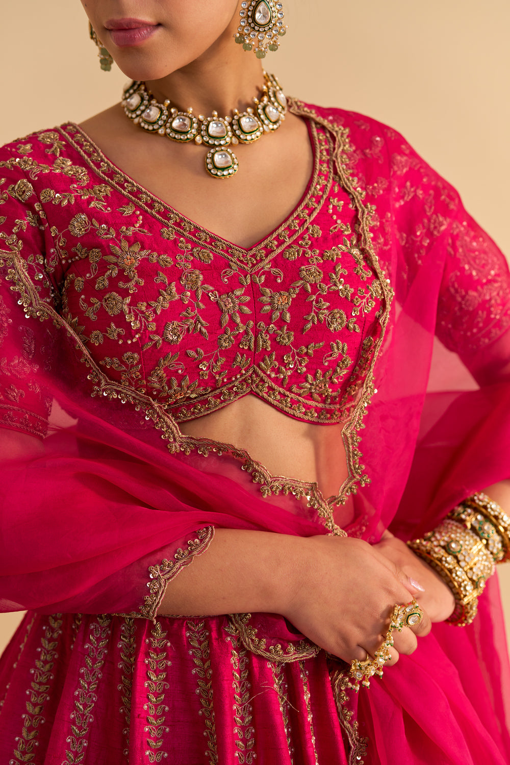 Naazila - Dabka Zardozi Embroidered Raw Silk Hotpink Lehenga Set
