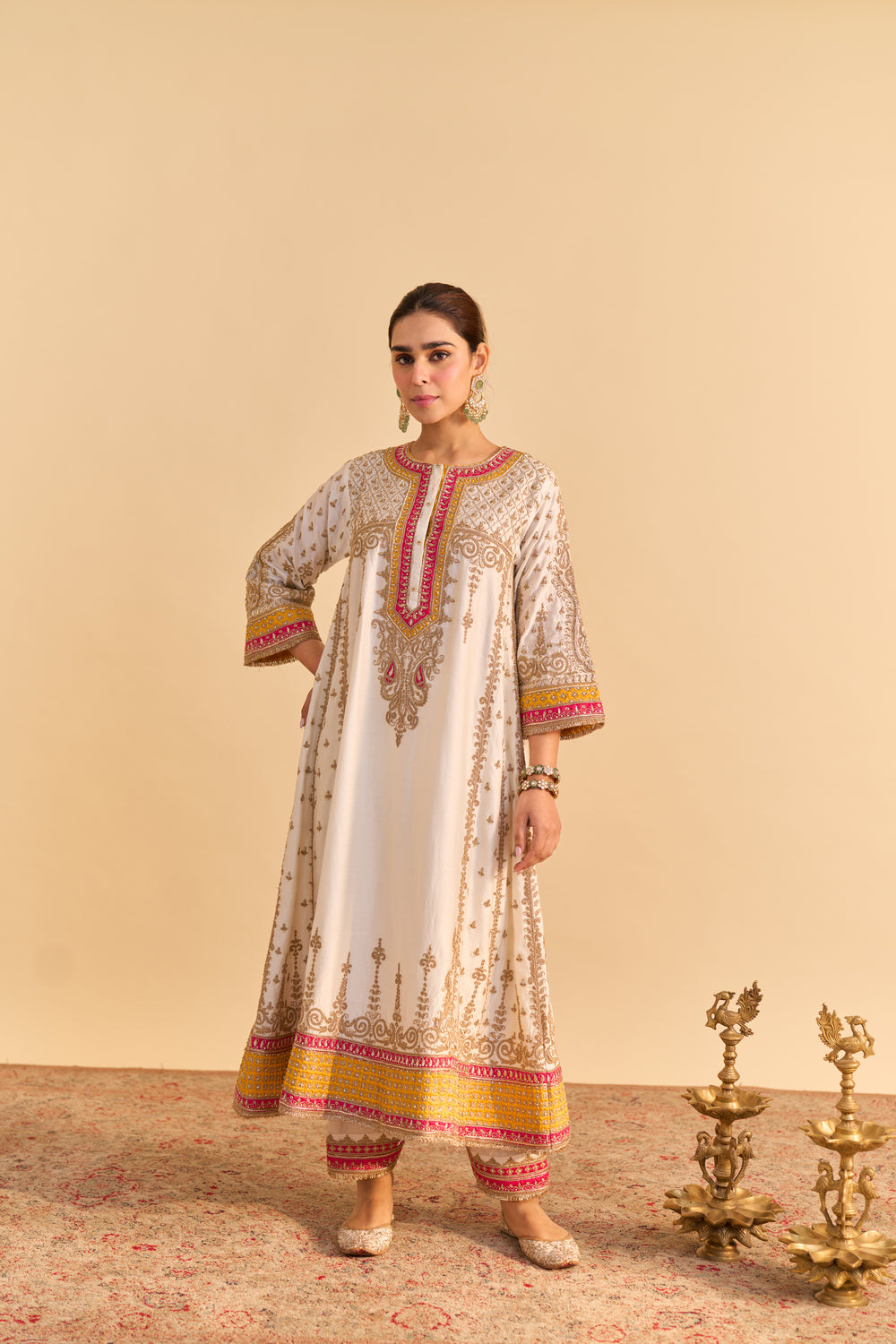Zoya - Dabka Zardozi Embroidered Rich Banarasi Kalidaar Daisy Ivory Long Chauga Set
