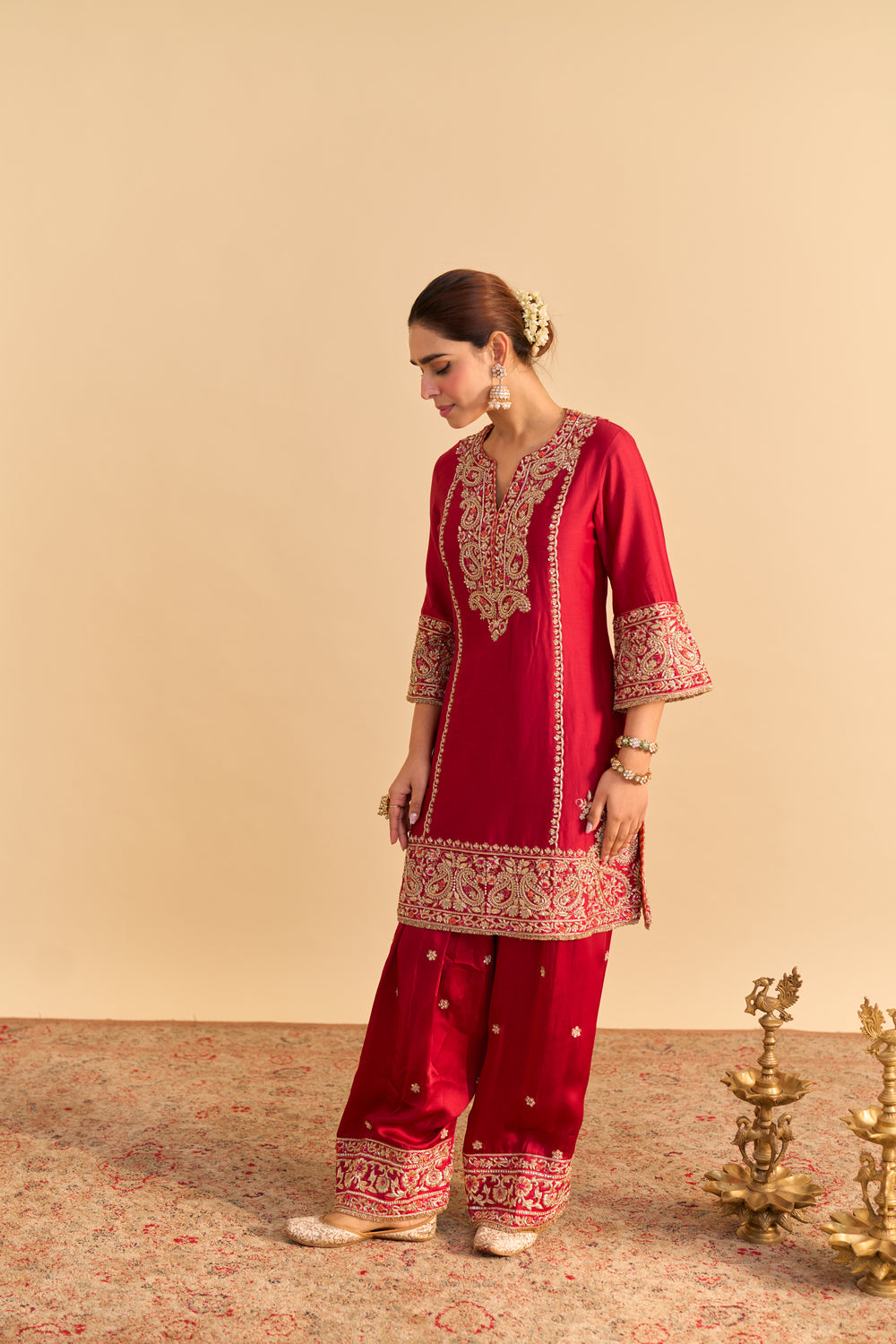 Dua Deep red Dabka Zardozi Embroidered Short kurta Set
