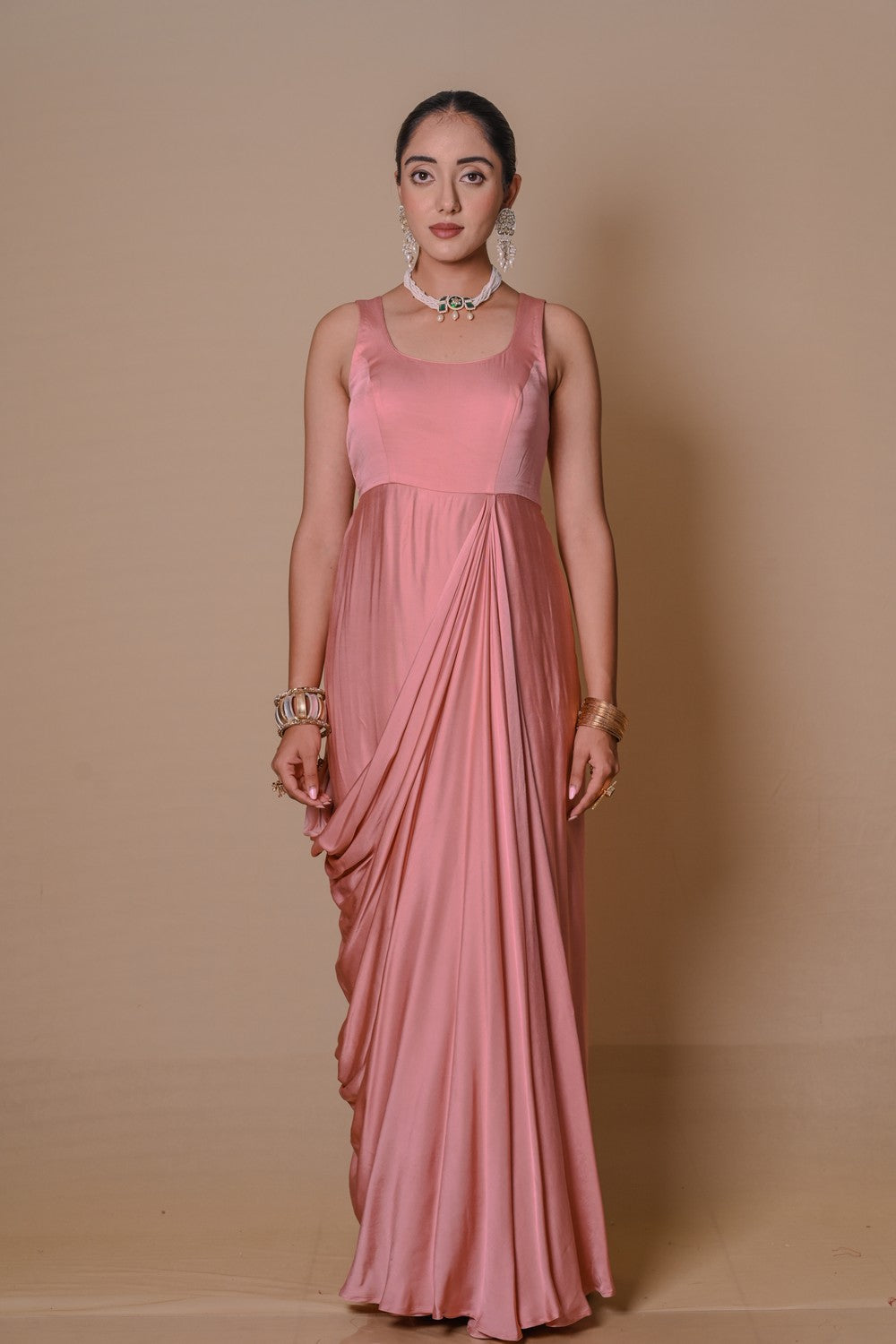 Peach pre-draped jacket & gown set