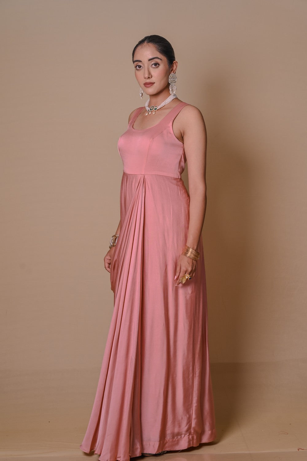 Peach pre-draped jacket & gown set