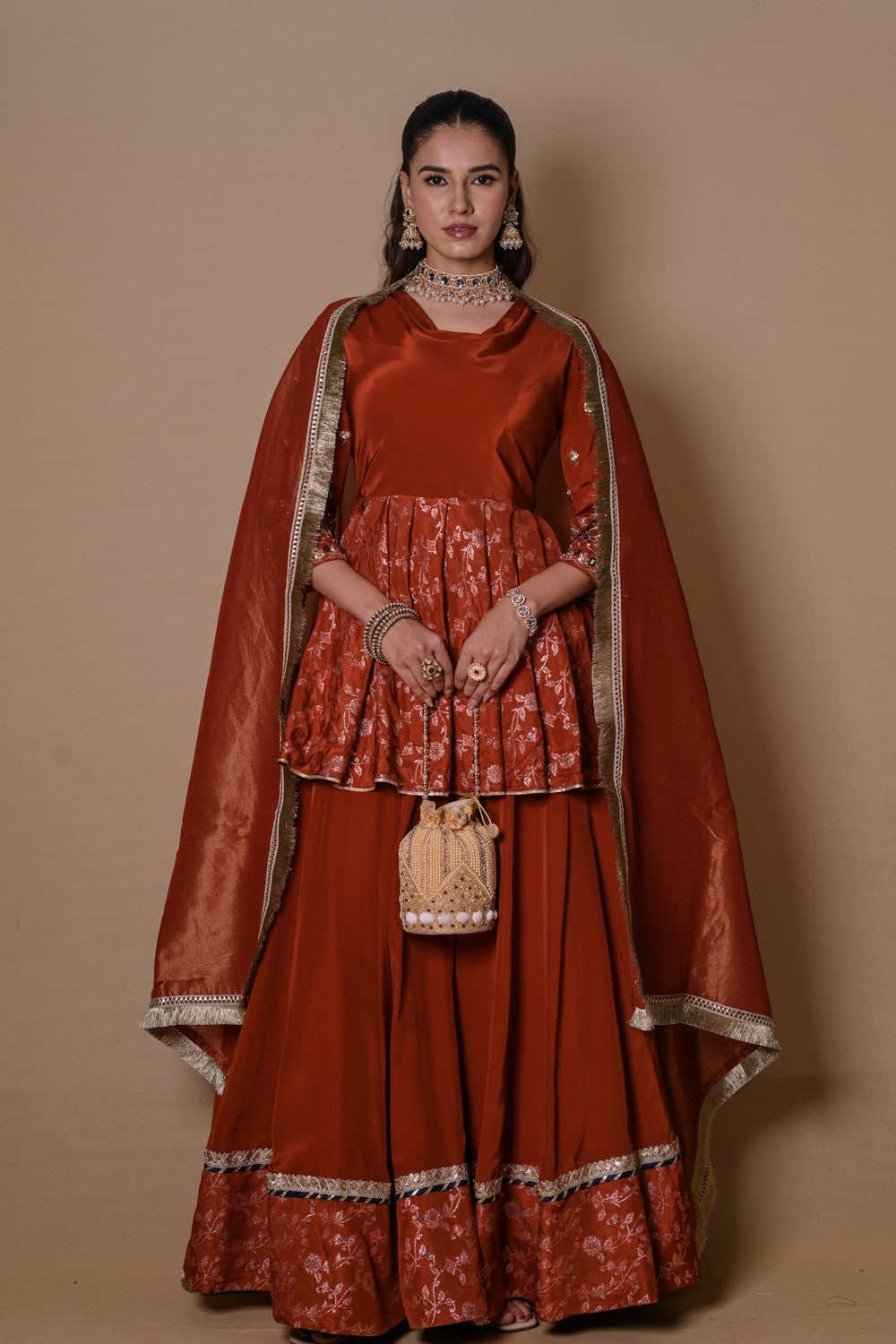 Rust brown cowl lehenga set
